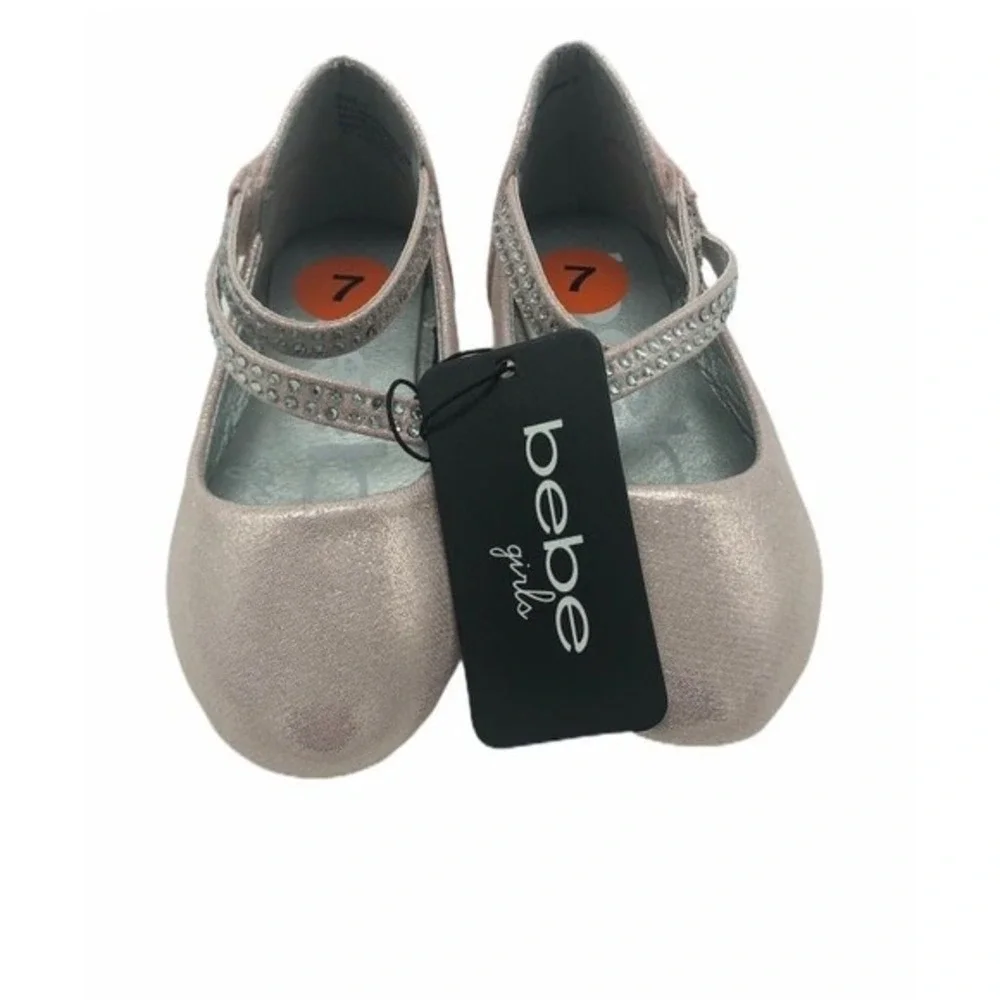 Bebe Girls Rose Gold Metallic‎ Rhinestone Dress Shoes Size 7 Toddler